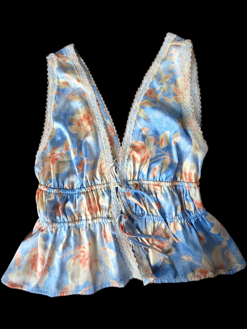 Wayf Blue & Peach Floral Lace-Trim Camisole